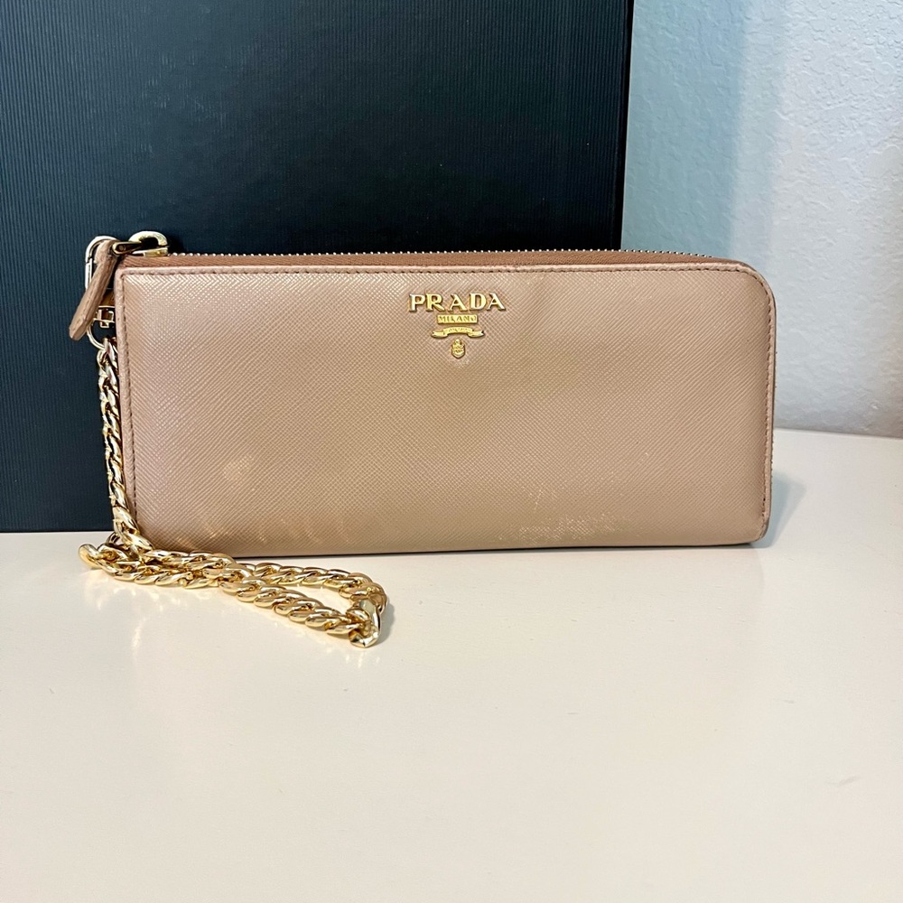 Authentic Prada Saffiano Beige Wallet with Chain